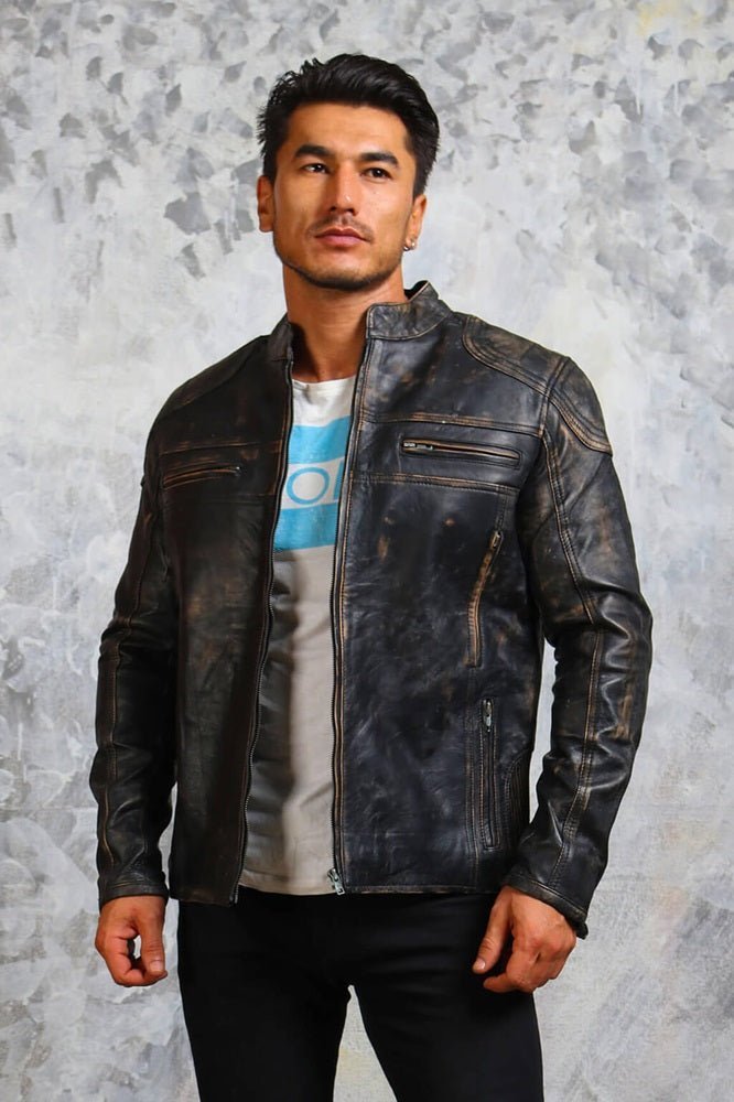 Men's Biker Vintage Leather Jacket - X - Small - Black - Men's Biker Vintage Leather Jacket - Tatoo Tee