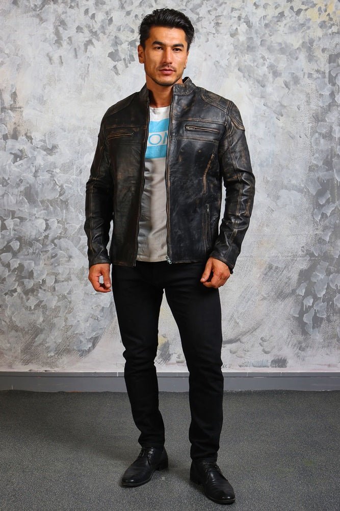 Men's Biker Vintage Leather Jacket - X - Small - Black - Men's Biker Vintage Leather Jacket - Tatoo Tee