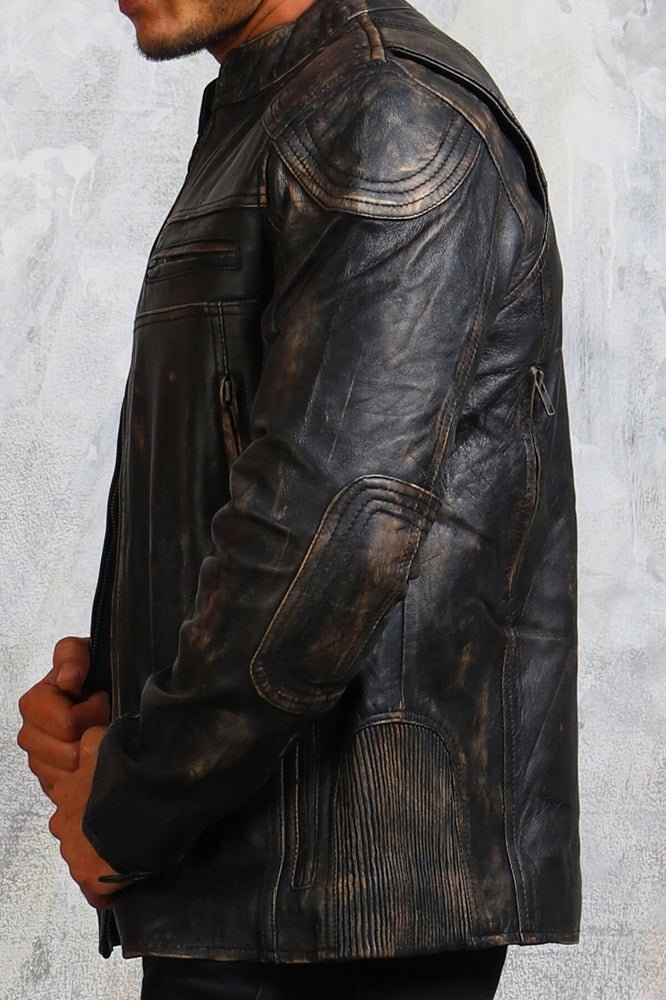 Men's Biker Vintage Leather Jacket - X - Small - Black - Men's Biker Vintage Leather Jacket - Tatoo Tee