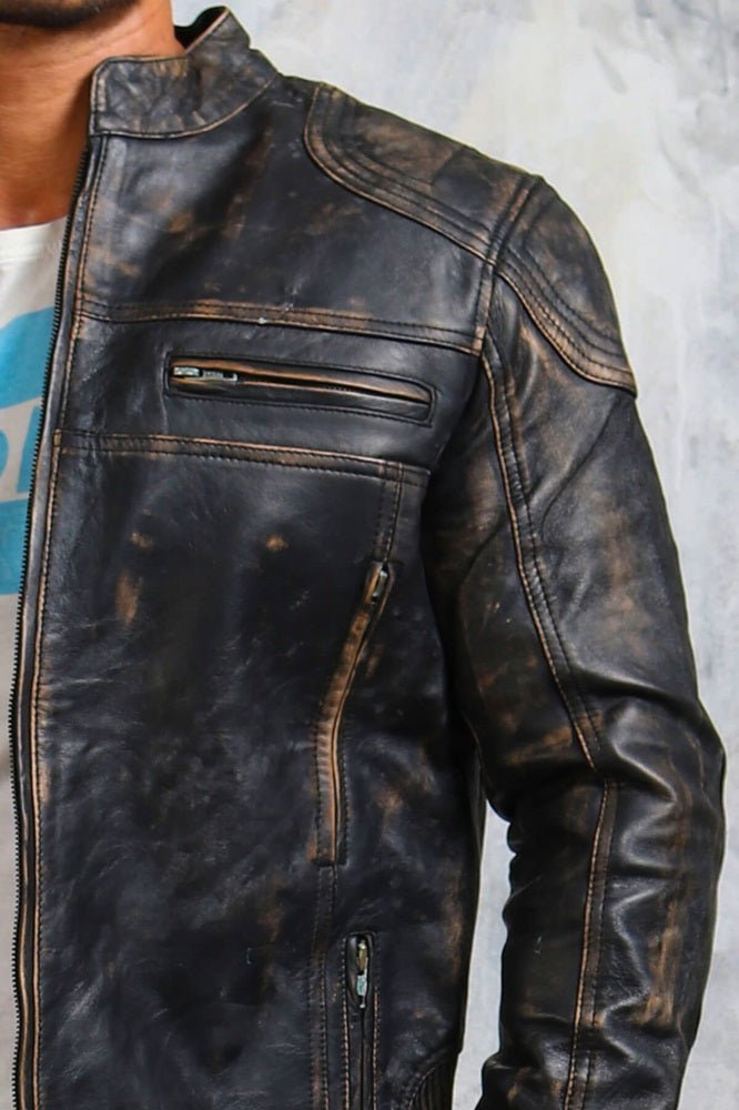 Men's Biker Vintage Leather Jacket - X - Small - Black - Men's Biker Vintage Leather Jacket - Tatoo Tee