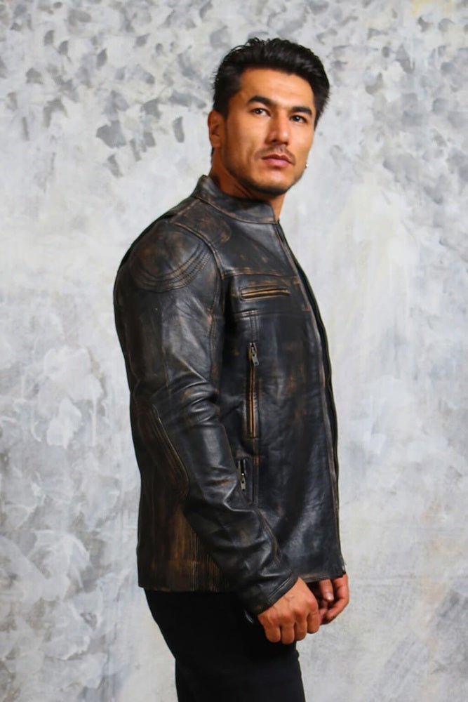 Men's Biker Vintage Leather Jacket - X - Small - Black - Men's Biker Vintage Leather Jacket - Tatoo Tee