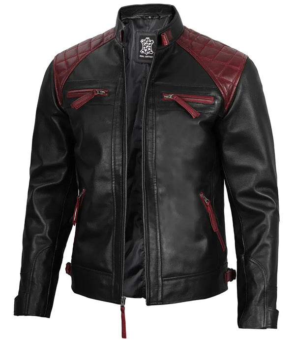Men's Black and Burgundy Quilted Leather Biker Jacket