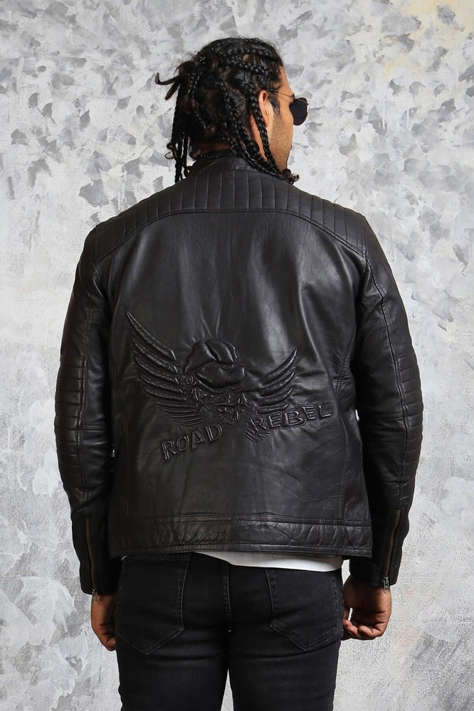 Men's Black Biker Leather Jacket - Road Rebel - X - Small - Black - Men's Black Biker Leather Jacket - Road Rebel - Tatoo Tee