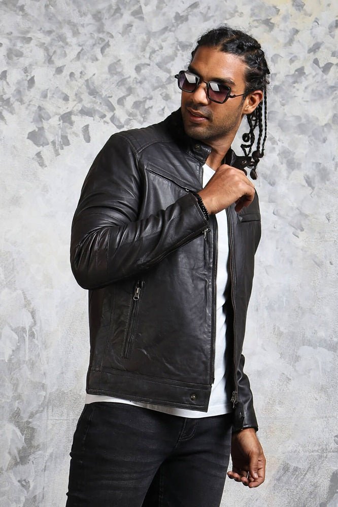 Men's Black Biker Leather Jacket - Road Rebel - X - Small - Black - Men's Black Biker Leather Jacket - Road Rebel - Tatoo Tee