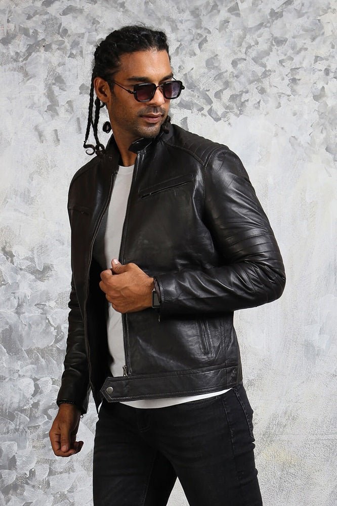 Men's Black Biker Leather Jacket - Road Rebel - X - Small - Black - Men's Black Biker Leather Jacket - Road Rebel - Tatoo Tee