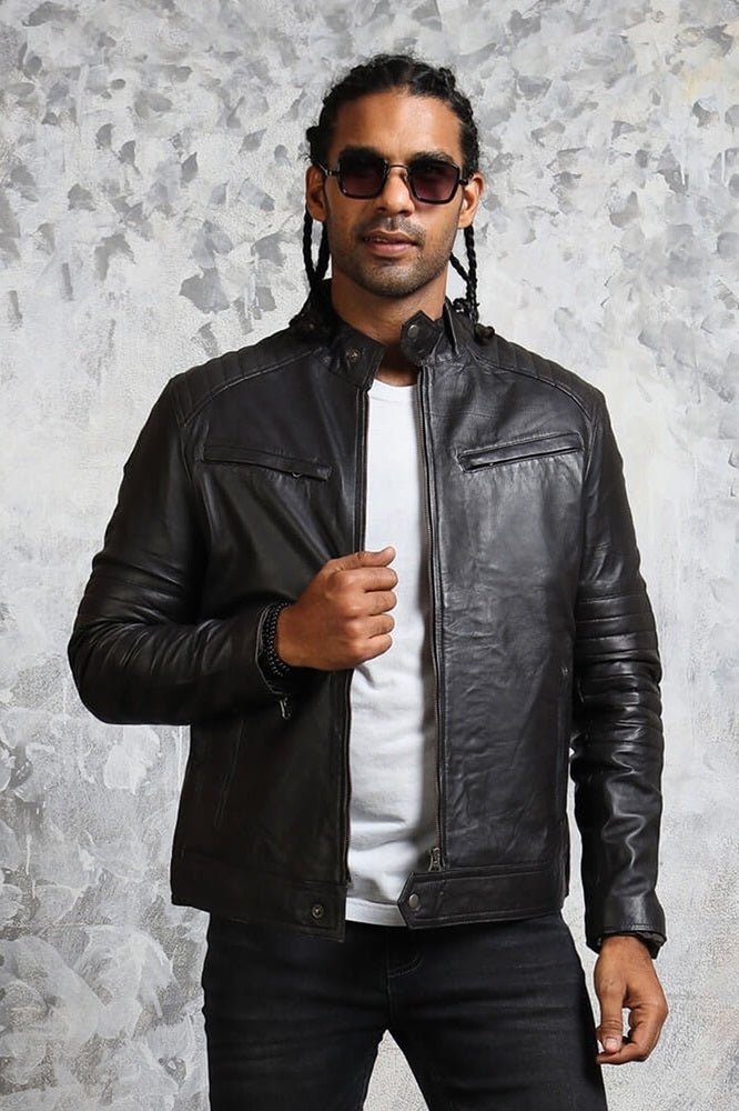 Men's Black Biker Leather Jacket - Road Rebel - X - Small - Black - Men's Black Biker Leather Jacket - Road Rebel - Tatoo Tee