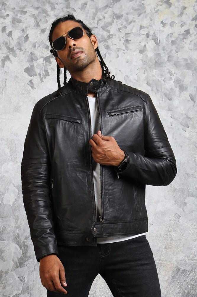 Men's Black Biker Leather Jacket - Road Rebel - X - Small - Black - Men's Black Biker Leather Jacket - Road Rebel - Tatoo Tee