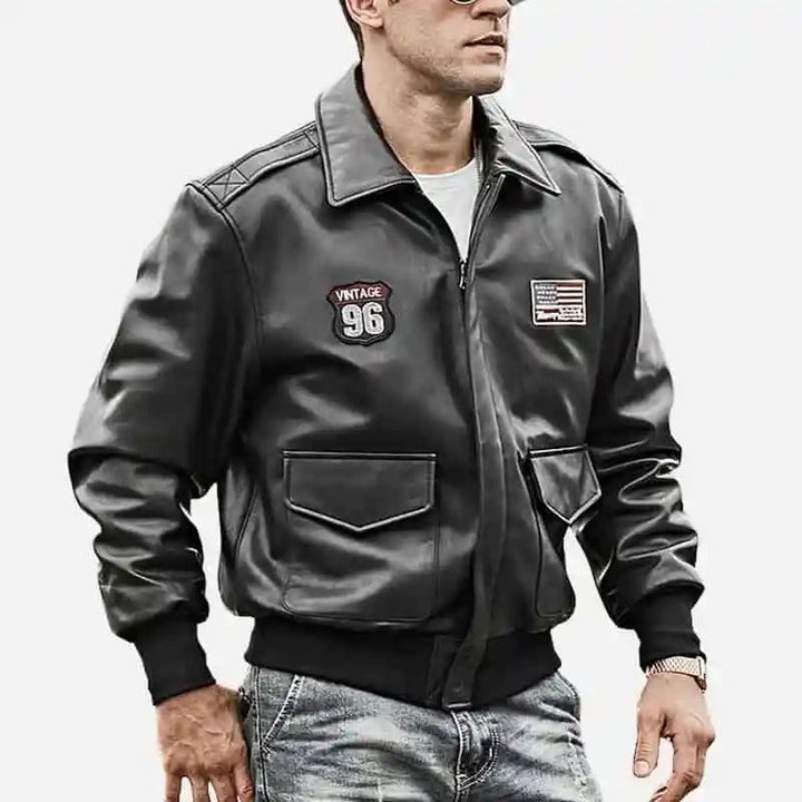 Men’s Black Bomber Leather Jacket – Air Force Pilot Style - Male - XS - Men’s Black Bomber Leather Jacket – Air Force Pilot Style - Tatoo Tee