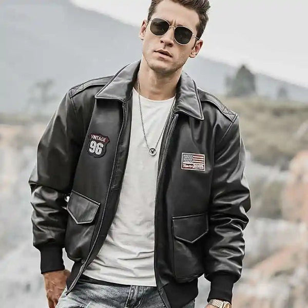 Men’s Black Bomber Leather Jacket – Air Force Pilot Style - Male - XS - Men’s Black Bomber Leather Jacket – Air Force Pilot Style - Tatoo Tee