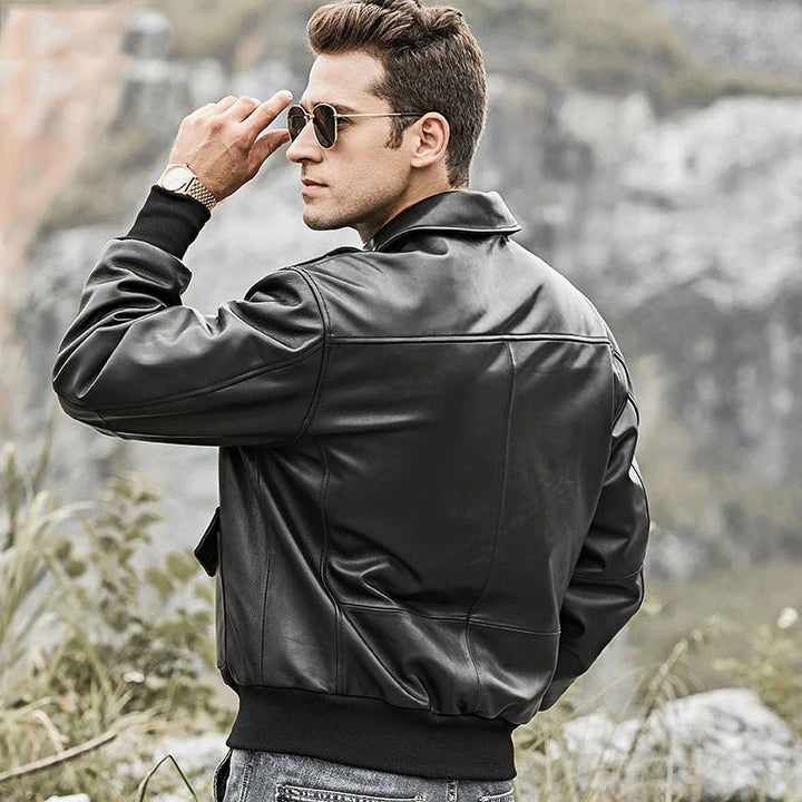 Men’s Black Bomber Leather Jacket Air Force Pilot Style - S - Men’s Black Bomber Leather Jacket Air Force Pilot Style - Tatoo Tee