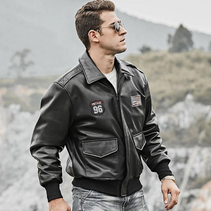 Men’s Black Bomber Leather Jacket Air Force Pilot Style - S - Men’s Black Bomber Leather Jacket Air Force Pilot Style - Tatoo Tee