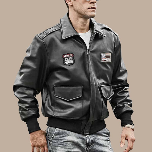Men’s Black Bomber Leather Jacket Air Force Pilot Style - S - Men’s Black Bomber Leather Jacket Air Force Pilot Style - Tatoo Tee