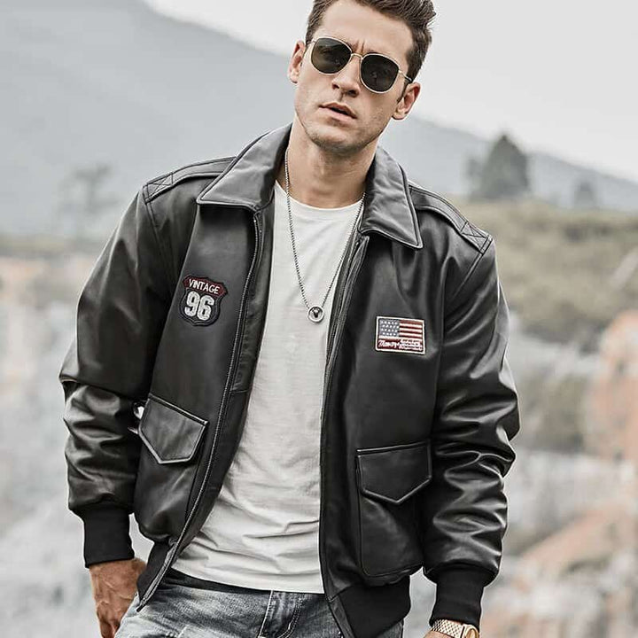 Men’s Black Bomber Leather Jacket Air Force Pilot Style - S - Men’s Black Bomber Leather Jacket Air Force Pilot Style - Tatoo Tee