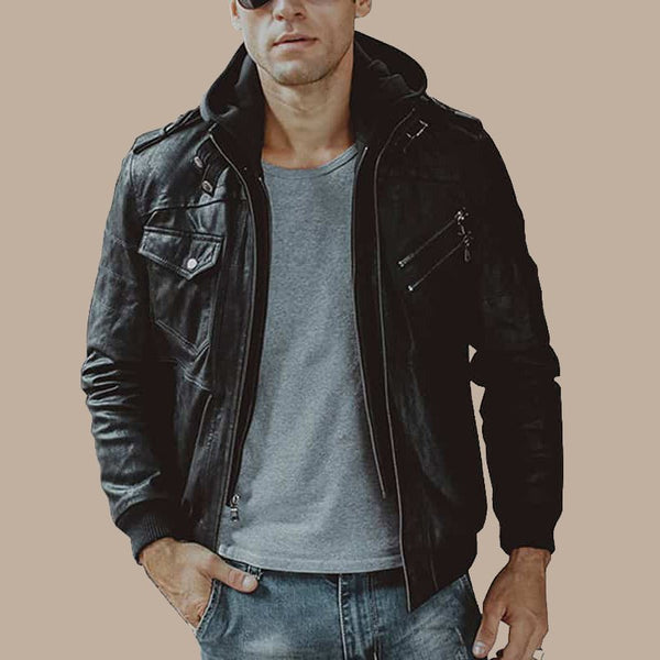 Men’s Black Bomber Leather Jacket with Hood - S - Men’s Black Bomber Leather Jacket with Hood - Tatoo Tee