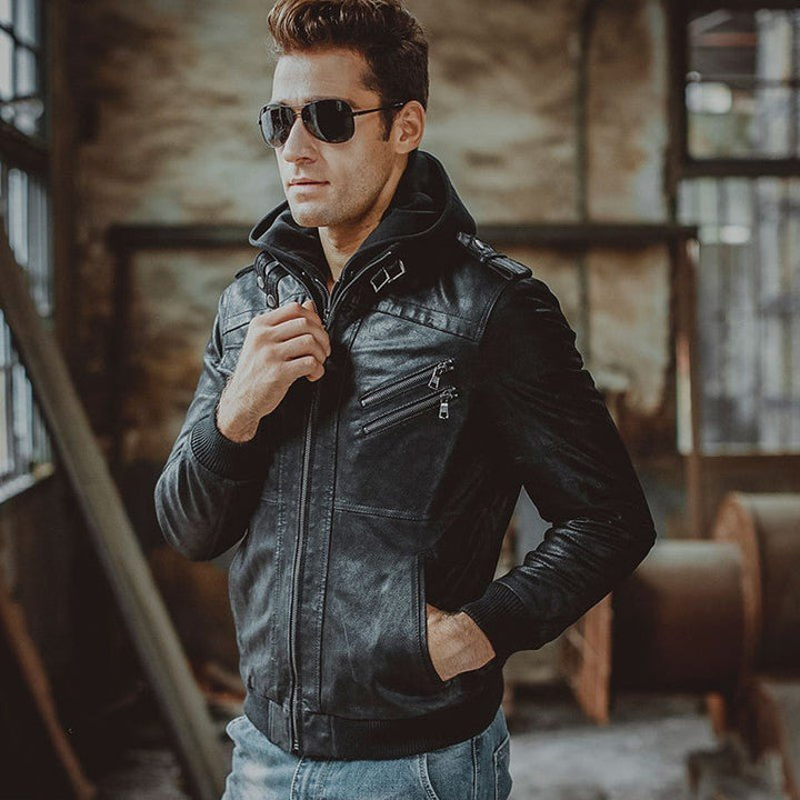 Men’s Black Bomber Leather Jacket with Hood - S - Men’s Black Bomber Leather Jacket with Hood - Tatoo Tee