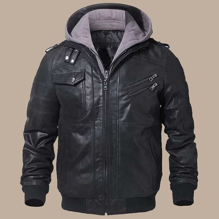 Men’s Black Bomber Leather Jacket with Hood - S - Men’s Black Bomber Leather Jacket with Hood - Tatoo Tee