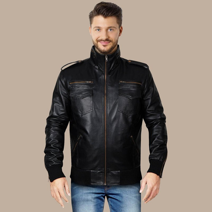 Mens Black Classic Pure Leather Bomber Jacket - S - Mens Black Classic Pure Leather Bomber Jacket - Tatoo Tee