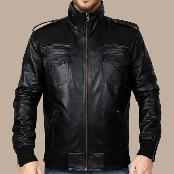 Mens Black Classic Pure Leather Bomber Jacket - S - Mens Black Classic Pure Leather Bomber Jacket - Tatoo Tee