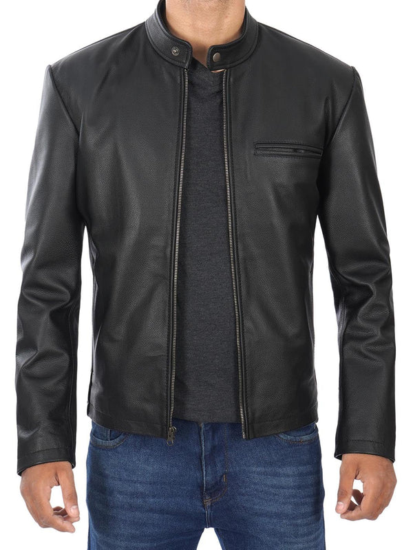 Men's Black Cow Hide Leather Cafe Racer Jacket