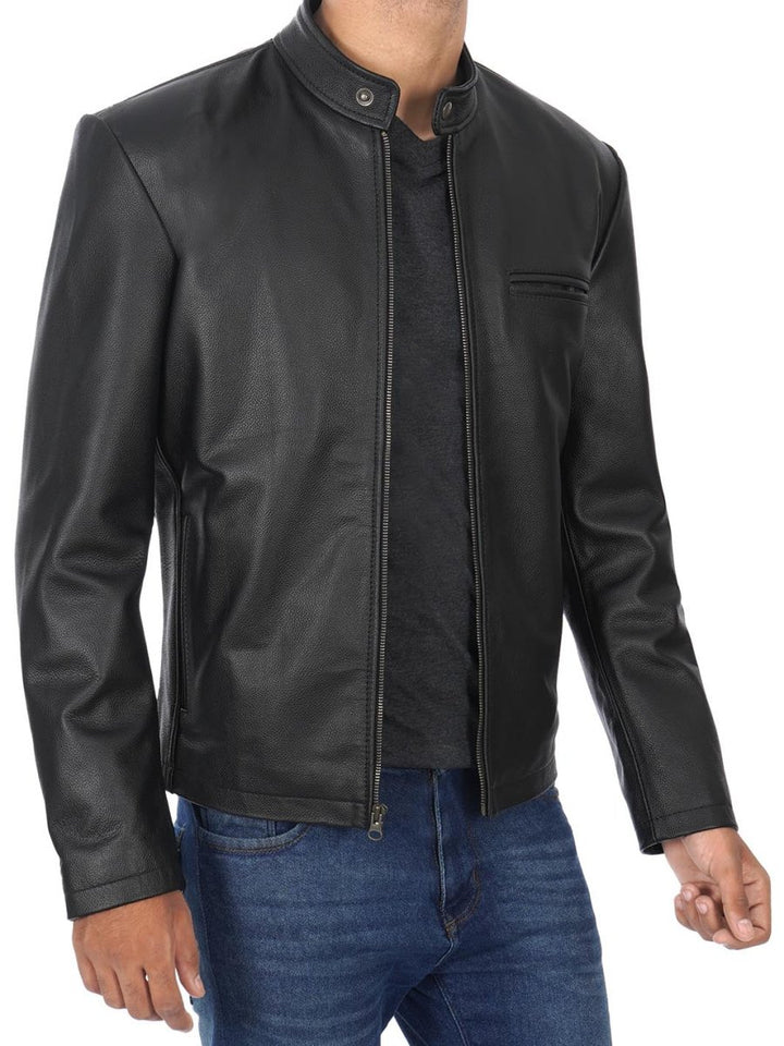 Men's Black Cow Hide Leather Cafe Racer Jacket - XS - Men's Black Cow Hide Leather Cafe Racer Jacket - Tatoo Tee