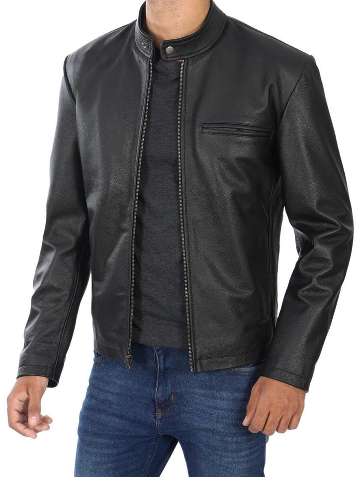 Men's Black Cow Hide Leather Cafe Racer Jacket - XS - Men's Black Cow Hide Leather Cafe Racer Jacket - Tatoo Tee
