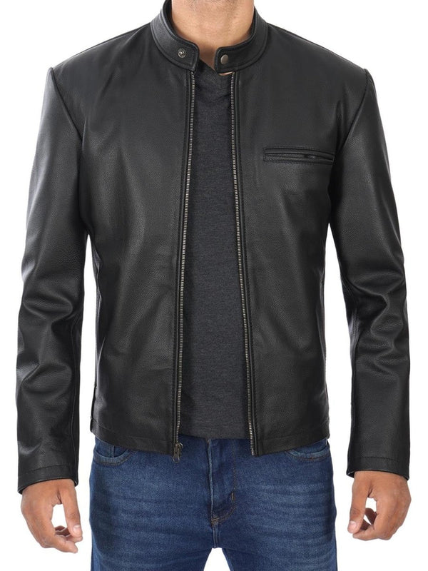 Men's Black Cow Hide Leather Cafe Racer Jacket - XS - Men's Black Cow Hide Leather Cafe Racer Jacket - Tatoo Tee