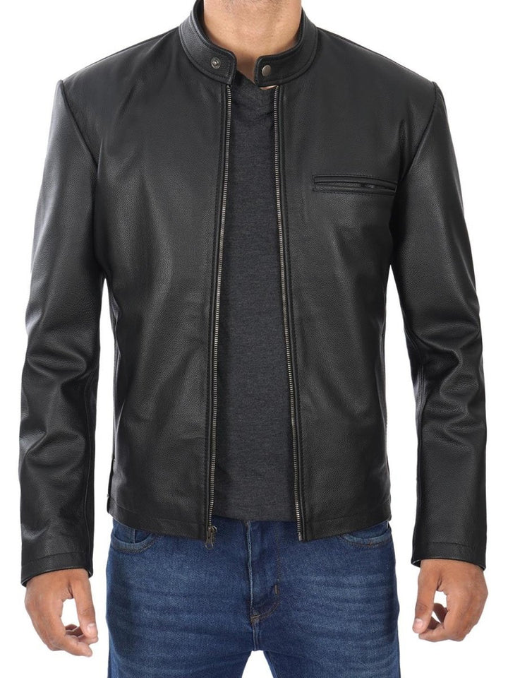 Men's Black Cow Hide Leather Cafe Racer Jacket - XS - Men's Black Cow Hide Leather Cafe Racer Jacket - Tatoo Tee