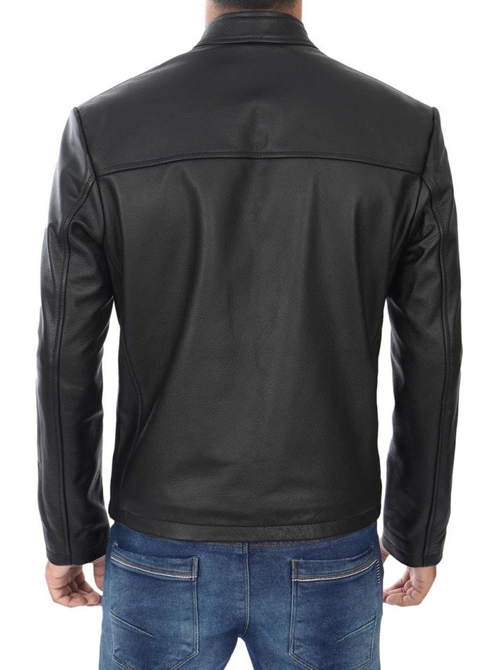 Men's Black Cow Hide Leather Cafe Racer Jacket - XS - Men's Black Cow Hide Leather Cafe Racer Jacket - Tatoo Tee