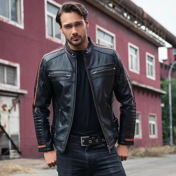 Men's Black Lambskin Cafe Racer Retro Slim Fit Biker Leather Motorcycle Jacket