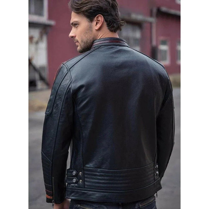 Men's Black Lambskin Cafe Racer Retro Slim Fit Biker Leather Motorcycle Jacket - Male - XS - Men's Black Lambskin Cafe Racer Retro Slim Fit Biker Leather Motorcycle Jacket - Tatoo Tee