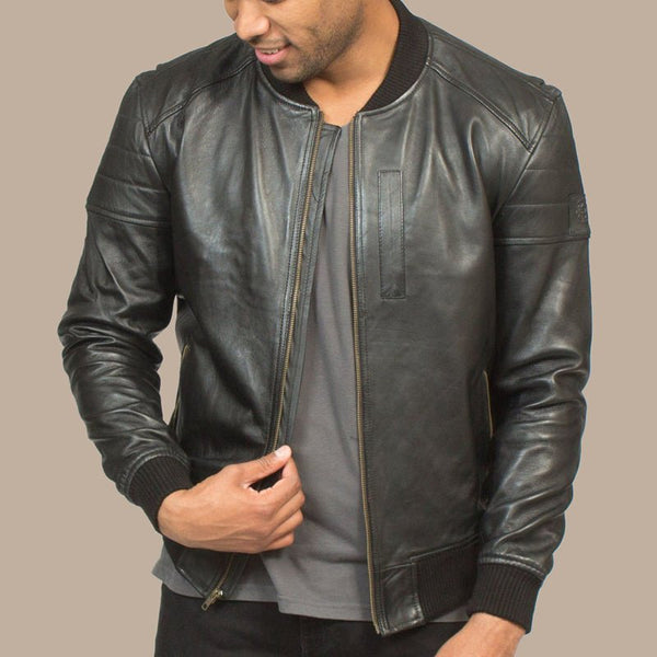 Mens Black Lambskin Leather Stylish Bomber Jacket - S - Mens Black Lambskin Leather Stylish Bomber Jacket - Tatoo Tee