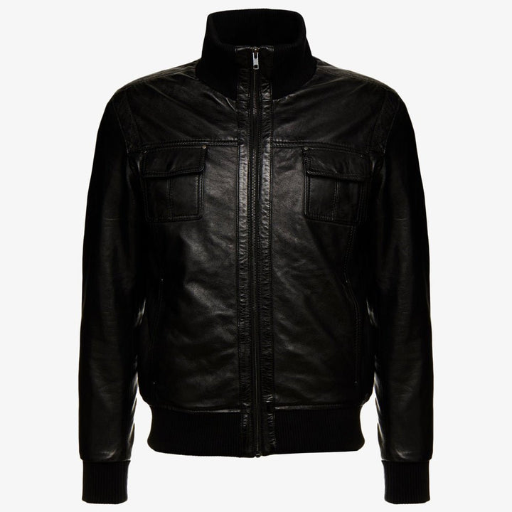 Men’s Black Leather Bomber Jacket - S - Men’s Black Leather Bomber Jacket - Tatoo Tee