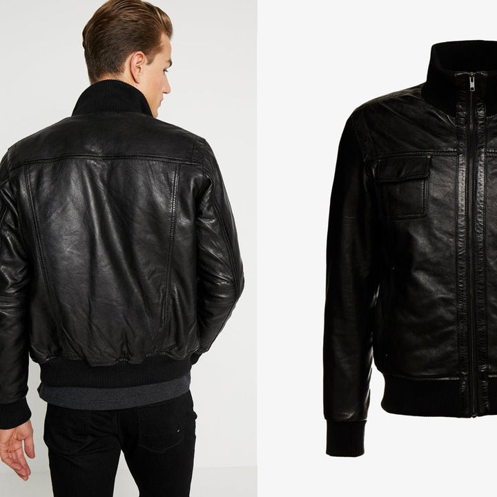 Men’s Black Leather Bomber Jacket - S - Men’s Black Leather Bomber Jacket - Tatoo Tee