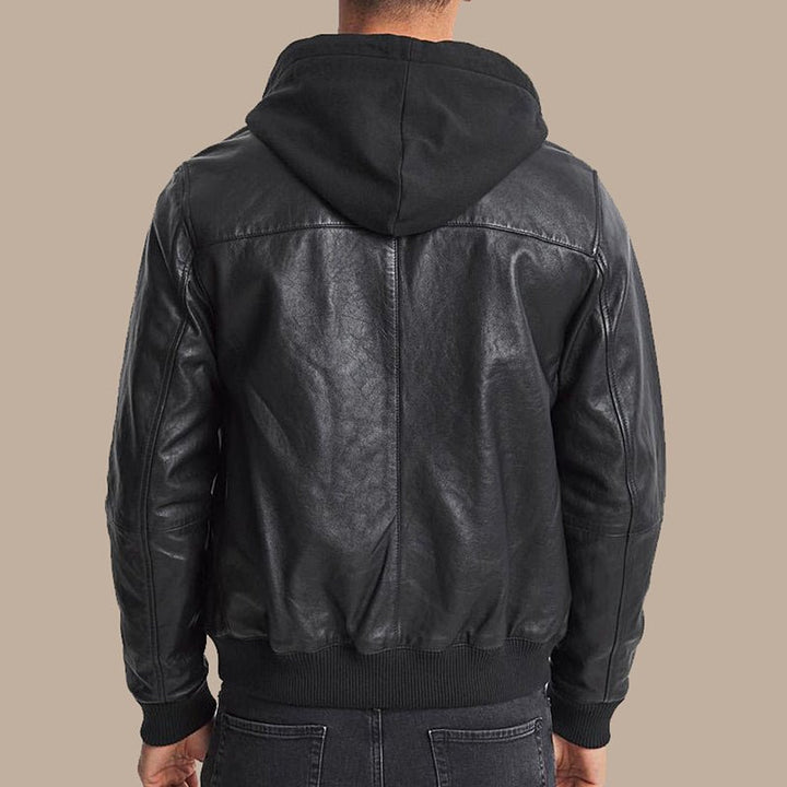 Mens Black Leather Hooded Bomber Jacket - S - Mens Black Leather Hooded Bomber Jacket - Tatoo Tee