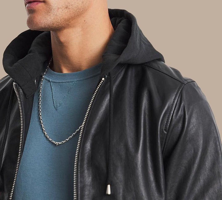 Mens Black Leather Hooded Bomber Jacket - S - Mens Black Leather Hooded Bomber Jacket - Tatoo Tee