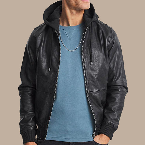 Mens Black Leather Hooded Bomber Jacket