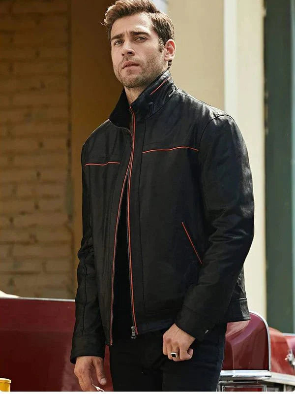 Men's Black Leather Jacket With Red Stripes