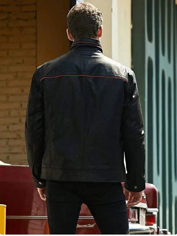 Men's Black Leather Jacket With Red Stripes - Male - XS - Men's Black Leather Jacket With Red Stripes - Tatoo Tee