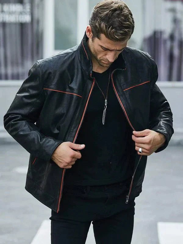 Men's Black Leather Jacket With Red Stripes - Male - XS - Men's Black Leather Jacket With Red Stripes - Tatoo Tee