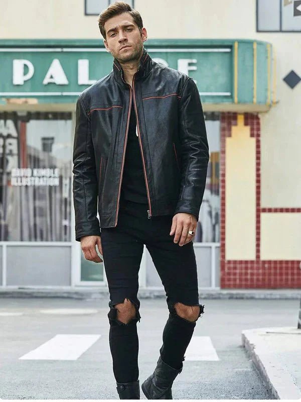 Men's Black Leather Jacket With Red Stripes - Male - XS - Men's Black Leather Jacket With Red Stripes - Tatoo Tee