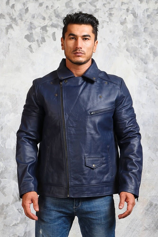 Men's Blue Motorcycle Leather Jacket - X - Small - Blue - Men's Blue Motorcycle Leather Jacket - Tatoo Tee