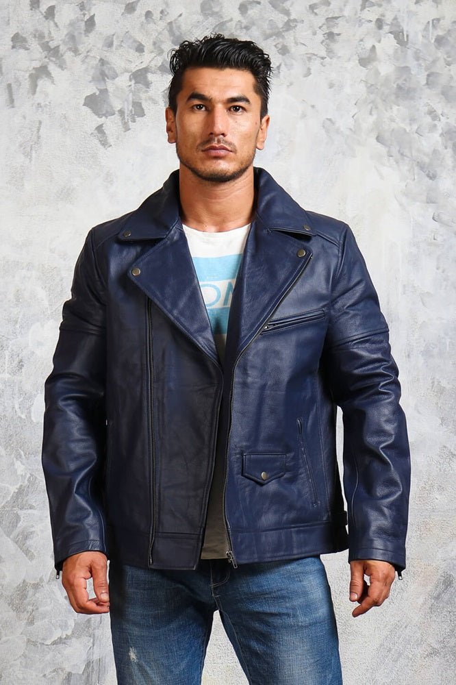 Men's Blue Motorcycle Leather Jacket - X - Small - Blue - Men's Blue Motorcycle Leather Jacket - Tatoo Tee