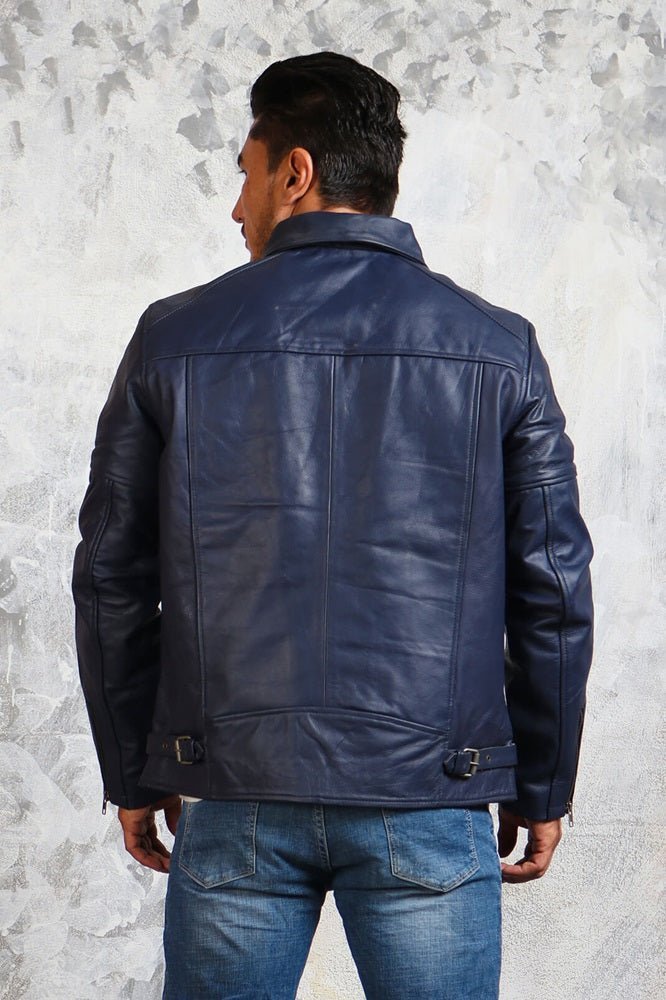 Men's Blue Motorcycle Leather Jacket - X - Small - Blue - Men's Blue Motorcycle Leather Jacket - Tatoo Tee
