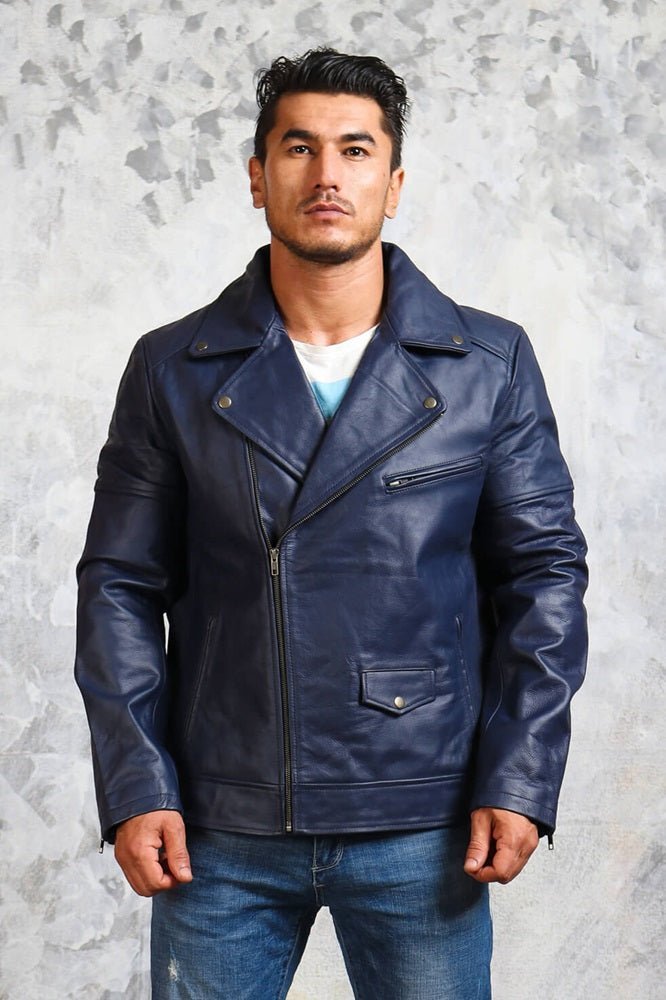 Men's Blue Motorcycle Leather Jacket - X - Small - Blue - Men's Blue Motorcycle Leather Jacket - Tatoo Tee