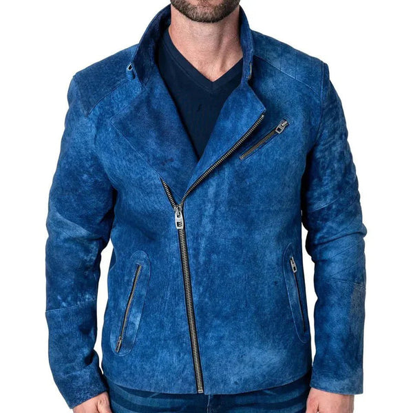 Mens Blue Suede Leather Jacket - XS - Male - Mens Blue Suede Leather Jacket - Tatoo Tee