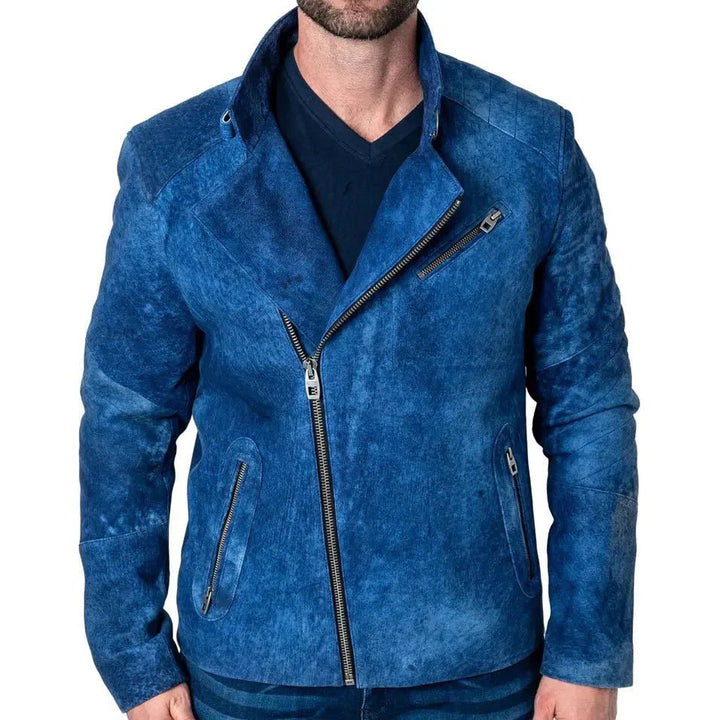 Mens Blue Suede Leather Jacket - XS - Male - Mens Blue Suede Leather Jacket - Tatoo Tee