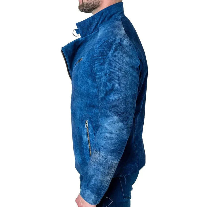 Mens Blue Suede Leather Jacket - XS - Male - Mens Blue Suede Leather Jacket - Tatoo Tee
