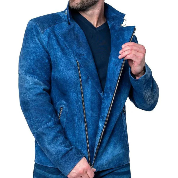 Mens Blue Suede Leather Jacket - XS - Male - Mens Blue Suede Leather Jacket - Tatoo Tee