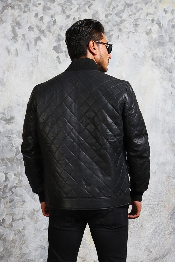 Men's Bomber Leather Jacket Diamond Quilted - X - Small - Black - Men's Bomber Leather Jacket Diamond Quilted - Tatoo Tee