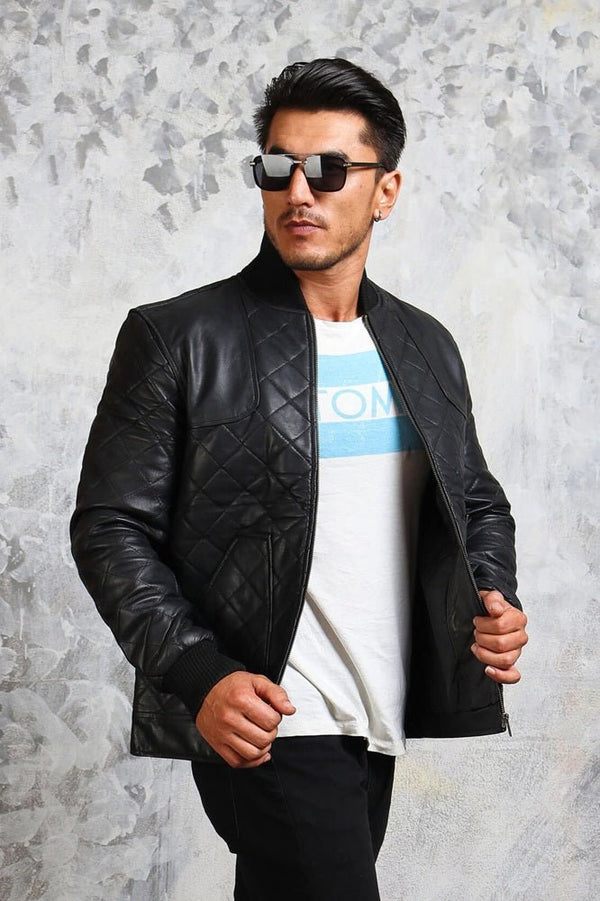 Men's Bomber Leather Jacket Diamond Quilted - X - Small - Black - Men's Bomber Leather Jacket Diamond Quilted - Tatoo Tee